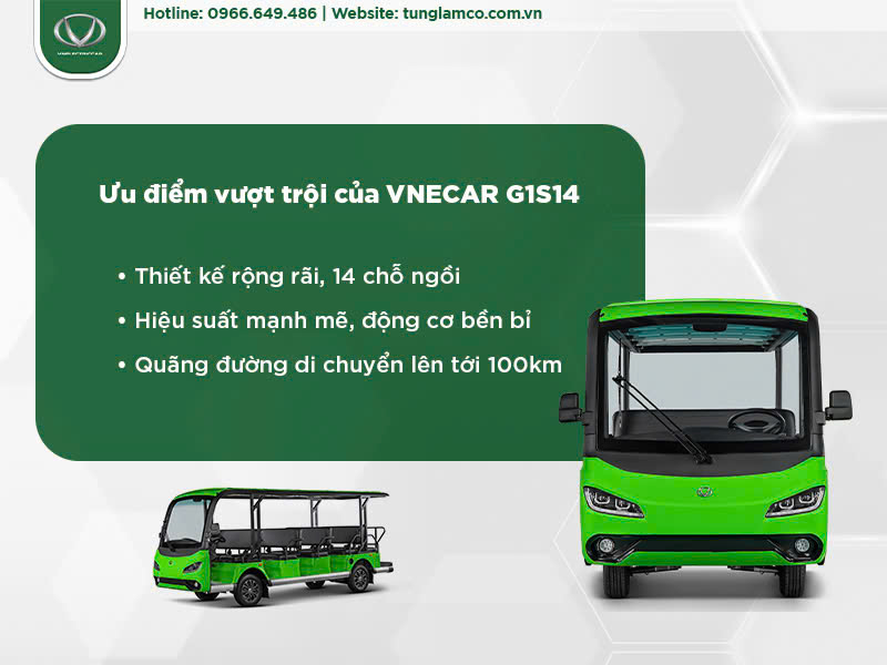 VNECAR G1S14 – Xe điện du lịch 14 chỗ chất lượng, thời gian sử dụng pin lâu